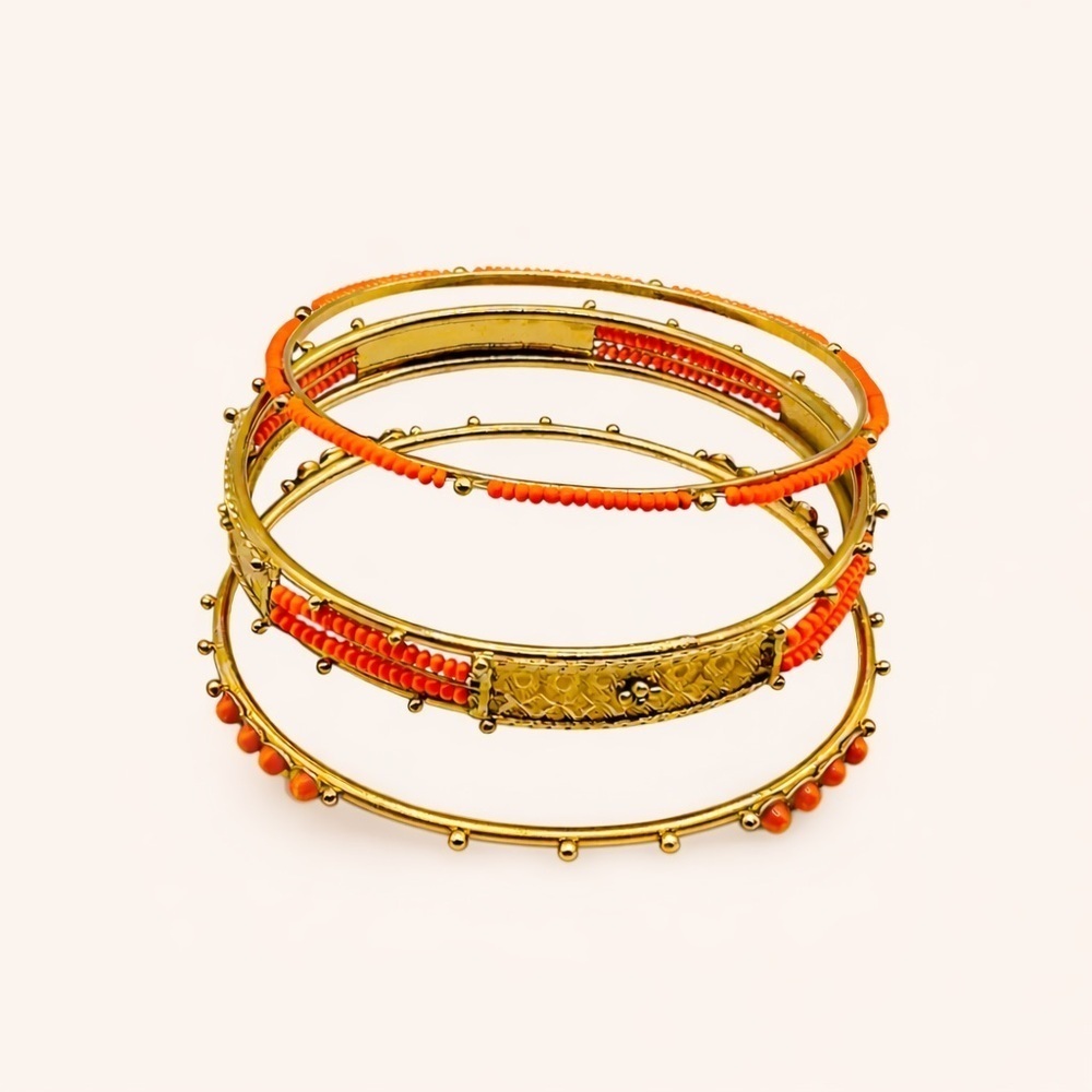 Gold Tone Orange Beaded Indian Bangles Set – Boho Ethnic Statement Jewelry